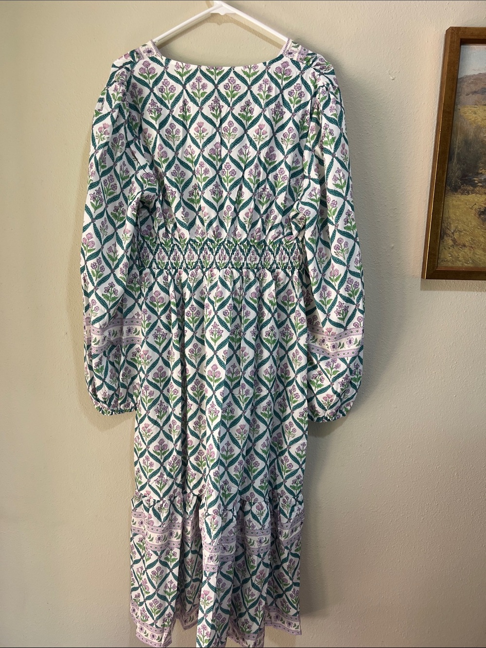 NWT Green Geometric V-Neck Maxi Dress with Tassel Tie - Picture 6 of 7